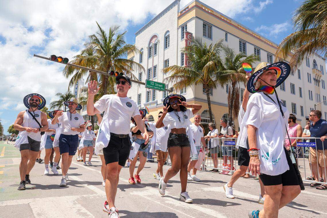 City of Miami employees walk down Ocean Drive during the 18th annual pride parade in Miami Beach, Florida, Sunday, April 12, 2026.