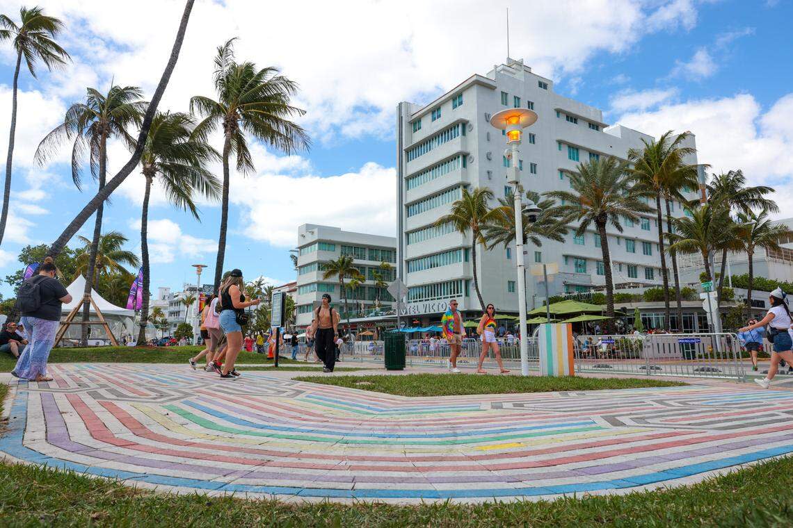 A view of the Rainbow Crosswalk on the intersection of 12th Street and Ocean Drive during the 18th annual pride parade in Miami Beach, Florida, Sunday, April 12, 2026.