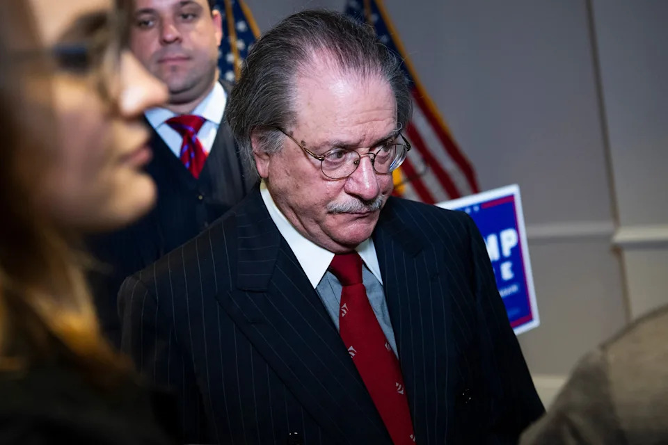 Tom Williams/CQ-Roll Call, Inc via Getty Images, FILE - PHOTO: In this Nov. 19 2020, file photo, Joseph diGenova, attorney for President Donald Trump, concludes a news conference at the Republican National Committee on lawsuits regarding the outcome of the 2020 presidential election.