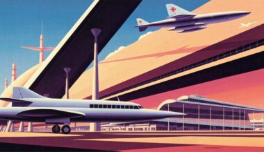 A bold, geometric illustration in the Art Deco style, featuring sweeping, airbrushed gradients and towering, streamlined forms that evoke the grand scale and romance of aviation history, without depicting any literal people or text.