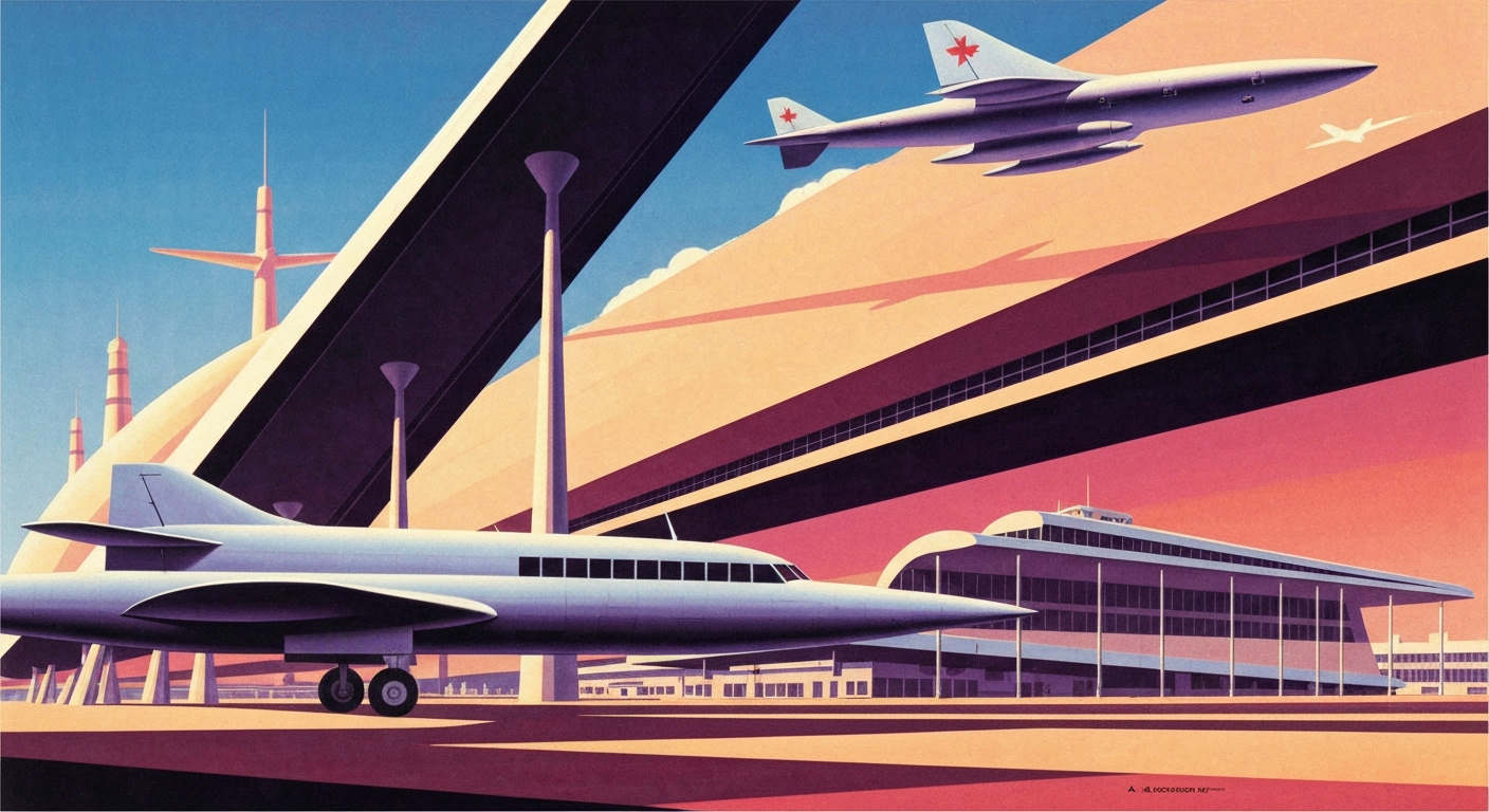 A bold, geometric illustration in the Art Deco style, featuring sweeping, airbrushed gradients and towering, streamlined forms that evoke the grand scale and romance of aviation history, without depicting any literal people or text.