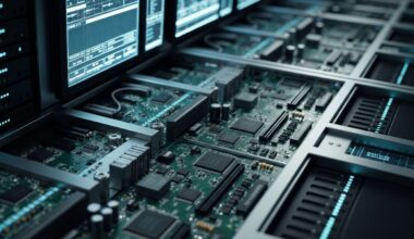 An extreme close-up of intricate financial machinery and banking technology, such as circuit boards, data servers, and electronic displays, conveying the complex infrastructure behind modern finance.