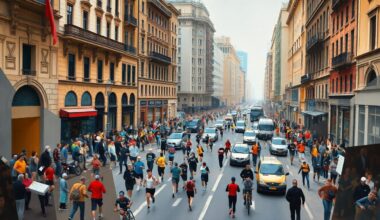 A fractured, geometric painting depicting a crowded city street scene with runners, spectators, and traffic, rendered in a cubist style using earthy tones of brown, grey, and blue.
