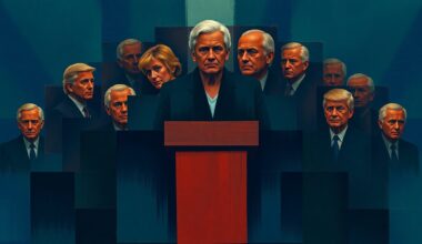 A dynamic, abstract painting featuring a fragmented, repeating image of a politician