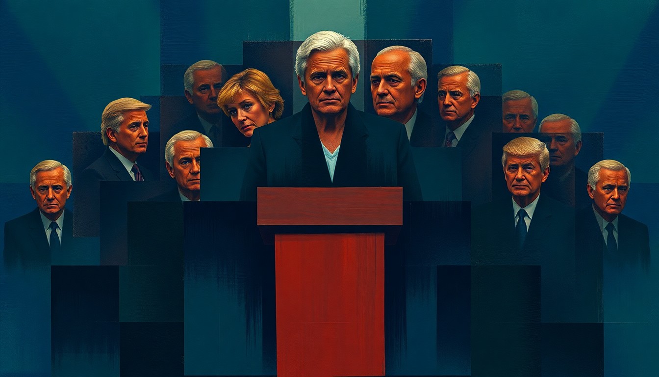 A dynamic, abstract painting featuring a fragmented, repeating image of a politician