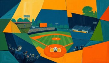 A fragmented, geometric painting depicting a high school baseball game, with overlapping planes of navy, green, and orange colors representing the dynamic action on the field.