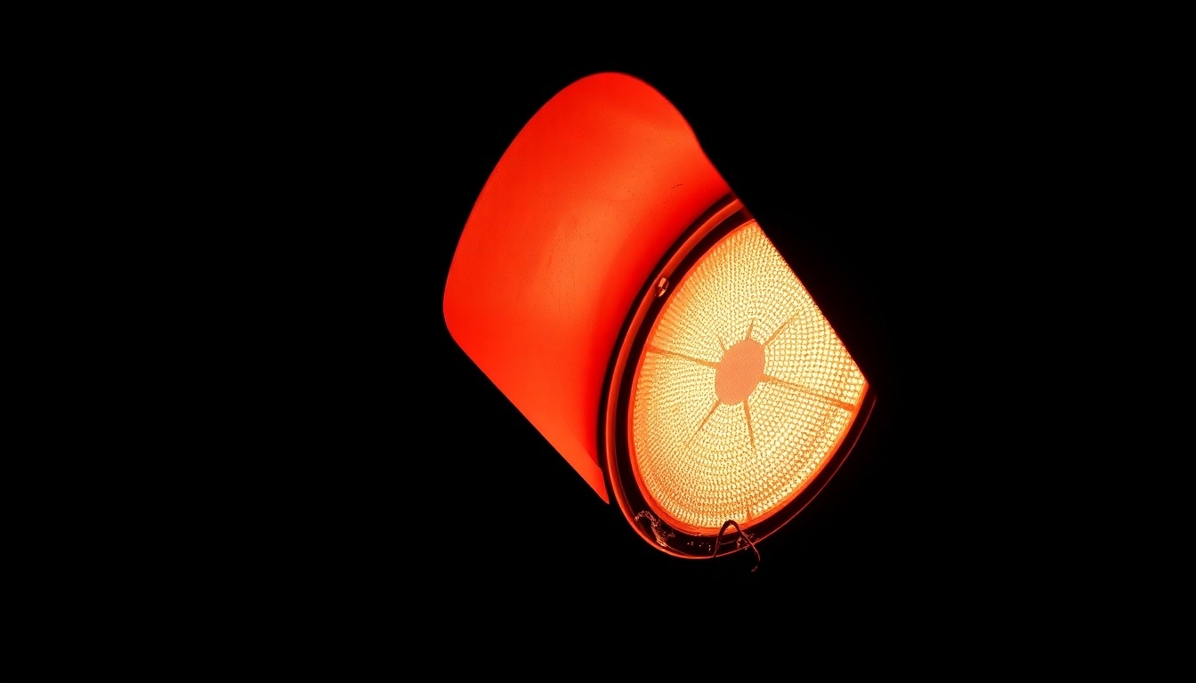An extreme close-up photograph of a damaged traffic signal light against a pitch-black background, lit by a harsh, direct camera flash, conceptually representing the safety challenges facing Florida