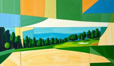 A cubist, geometric painting depicting a fragmented golf course scene with overlapping planes of color, conceptually representing the complex issues surrounding Tiger Woods