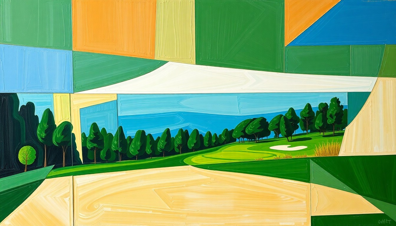 A cubist, geometric painting depicting a fragmented golf course scene with overlapping planes of color, conceptually representing the complex issues surrounding Tiger Woods