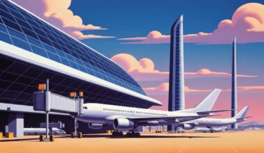 A highly stylized, geometric illustration depicting the sweeping, monumental architecture of an airport terminal, with sleek, streamlined aircraft in the foreground, capturing the grand scale and modern aesthetic of air travel.