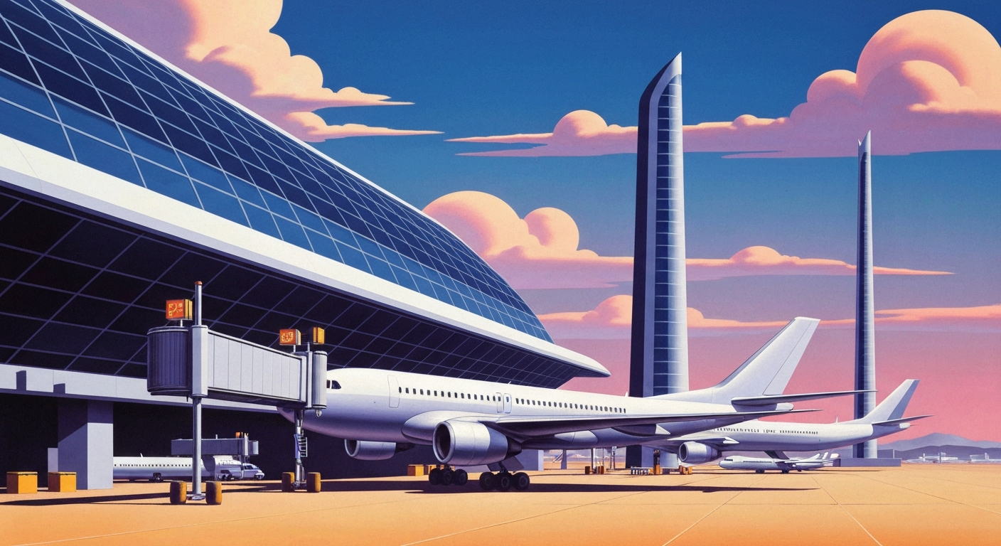 A highly stylized, geometric illustration depicting the sweeping, monumental architecture of an airport terminal, with sleek, streamlined aircraft in the foreground, capturing the grand scale and modern aesthetic of air travel.