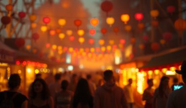 An extremely abstracted, out-of-focus photograph of a lively street scene, with colorful lights, silhouetted figures, and a sense of community energy and celebration.