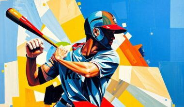 A fractured, geometric painting depicting a baseball player