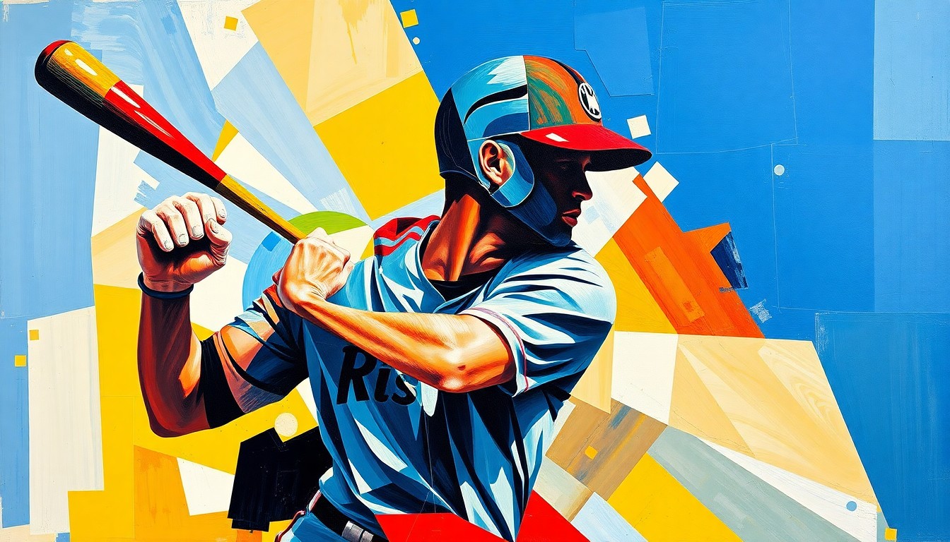 A fractured, geometric painting depicting a baseball player