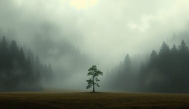 A vast, atmospheric landscape painting in muted tones of grey, green, and blue, depicting a solitary tree in a misty forest clearing, conveying a sense of the sublime power of nature.
