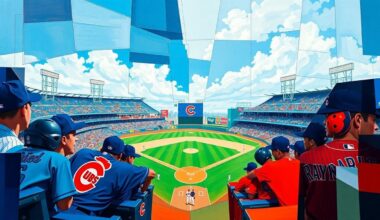 A fractured, geometric painting depicting a baseball game between the Chicago Cubs and Tampa Bay Rays, with the players and field broken down into sharp, overlapping planes of vibrant blue, red, navy, and powder blue colors.