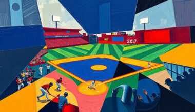 A fractured, multi-perspective painting depicting a college baseball game, with the players and field broken down into bold, angular shapes in a vibrant color palette of navy blue, garnet red, and gold, capturing the dynamic energy of the sport.