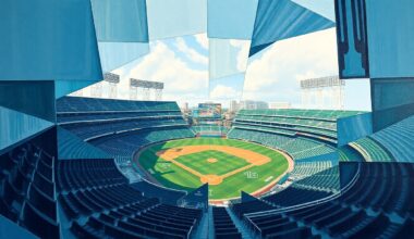 A cubist-style painting depicting the Tropicana Field baseball stadium broken down into overlapping geometric shapes and planes in shades of blue, green, and gray, creating a dynamic and fragmented visual representation of the venue.