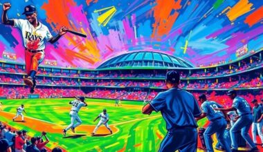 A dynamic, abstract painting in the style of LeRoy Neiman, featuring bold brushstrokes and neon colors that capture the energy and excitement of the Tampa Bay Rays