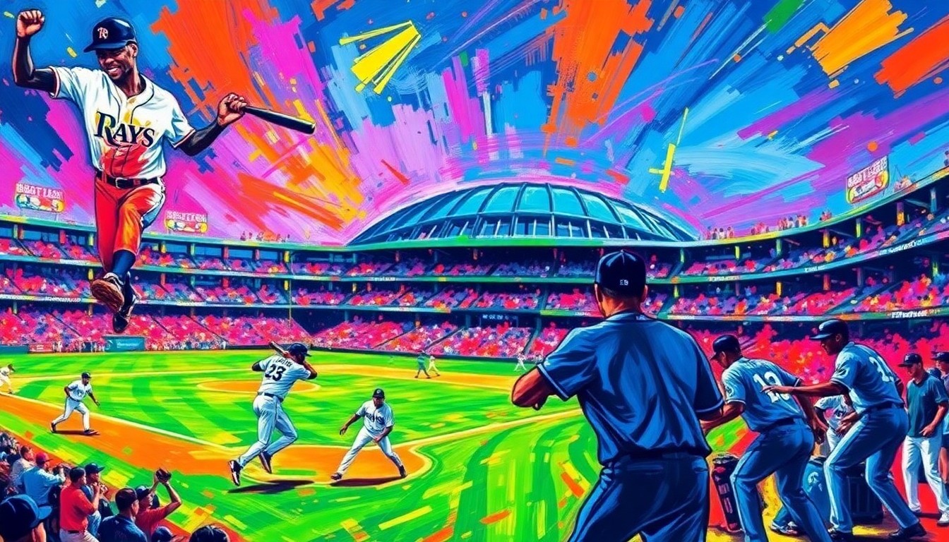 A dynamic, abstract painting in the style of LeRoy Neiman, featuring bold brushstrokes and neon colors that capture the energy and excitement of the Tampa Bay Rays