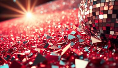An abstract close-up image of shimmering, high-contrast sequins and shattered disco ball fragments, evoking the glamour and excitement of a movie premiere event.