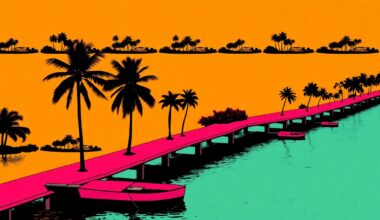 A vibrant, high-contrast silkscreen print featuring a repeated image of a palm tree or other iconic Cape Coral landmark, rendered in a bold, pop art style with bright neon colors and heavy black outlines.