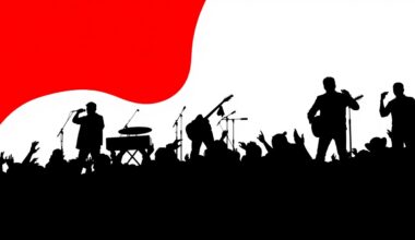A minimalist, abstract illustration featuring black silhouettes of musicians and concertgoers against a vibrant red and white background, conceptually representing the energy and community of the new Levitt AMP Tallahassee music series.