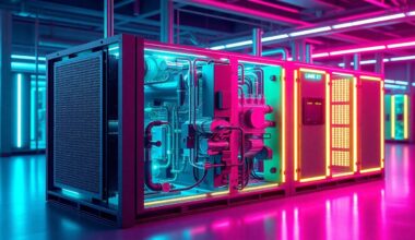 A highly detailed, glowing 3D illustration of a solid oxide fuel cell microgrid system, with neon cyan and magenta lights illuminating the intricate hardware components, conceptually representing the advanced power solution that will enable EdgeMode to rapidly deploy its AI data center infrastructure.