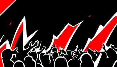 An abstract, minimalist illustration featuring bold, jagged shapes in black, white, and red, conceptually representing the energy and rhythm of an outdoor music festival.