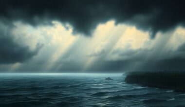 A vast, atmospheric landscape painting depicting a stormy, rain-soaked coastal scene in South Florida, with heavy rain and dark clouds dominating the frame and dwarfing any visible structures or landmarks.