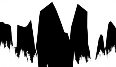 A minimalist, abstract composition of bold, jagged black shapes against a stark white background, conceptually representing the themes of spiritual transformation and personal evolution in Goat GYO