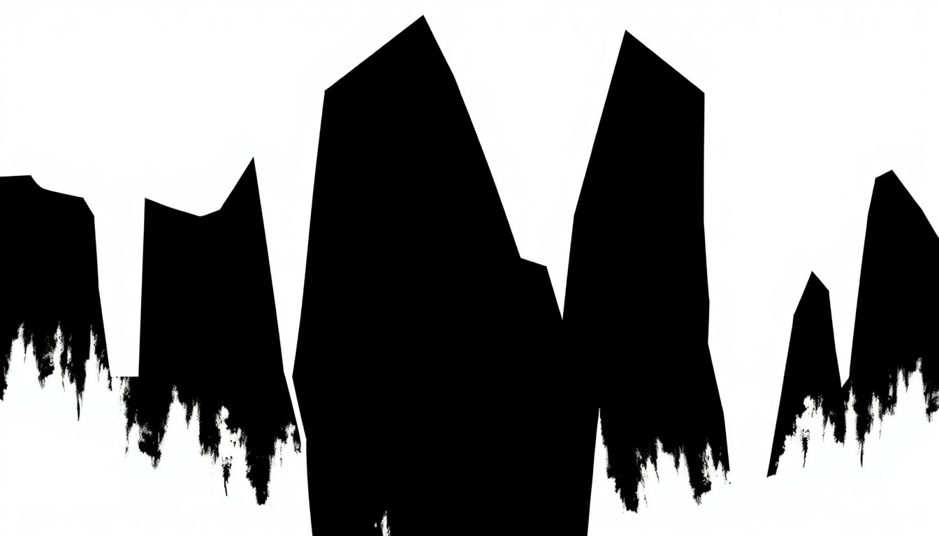 A minimalist, abstract composition of bold, jagged black shapes against a stark white background, conceptually representing the themes of spiritual transformation and personal evolution in Goat GYO