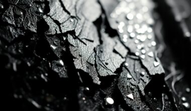 An extreme close-up photograph showcasing the textured, gritty materials associated with emo and post-hardcore music, including shredded black leather, cracked chrome, and glittering sequins, all captured in high-contrast studio lighting to create a bold, glamorous aesthetic.
