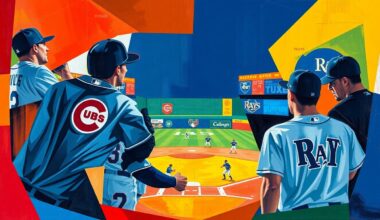 A cubist-style painting featuring overlapping geometric shapes in the colors of the Cubs and Rays uniforms, abstracting the players and action of the baseball game into a dynamic, fragmented composition.