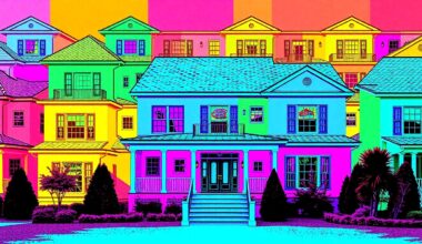 A high-contrast, silkscreen-style illustration of a large, two-story luxury home exterior repeated in a grid pattern, using vibrant neon colors and bold black outlines to capture the modern, pop art aesthetic of the property.