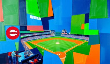 A cubist, geometric painting depicting a baseball game between the Chicago Cubs and Tampa Bay Rays, with the players and field fragmented into overlapping planes of bright colors.