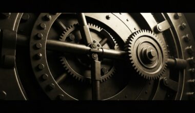 A highly detailed, black-and-white close-up image of the complex machinery and gears that make up the inner workings of a large, industrial bank vault door, conveying a sense of the secure, institutional nature of the financial services industry.
