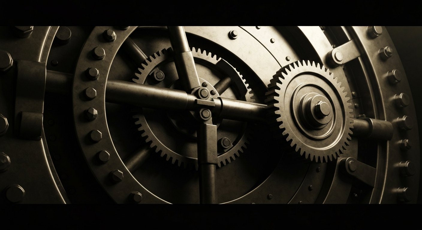 A highly detailed, black-and-white close-up image of the complex machinery and gears that make up the inner workings of a large, industrial bank vault door, conveying a sense of the secure, institutional nature of the financial services industry.