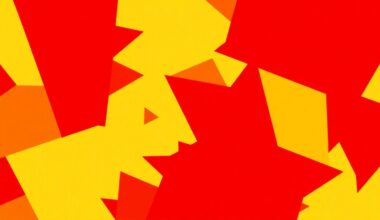 An abstract, minimalist illustration featuring overlapping, jagged shapes in vibrant shades of red, orange, and yellow, creating a high-energy, festival-inspired visual metaphor.