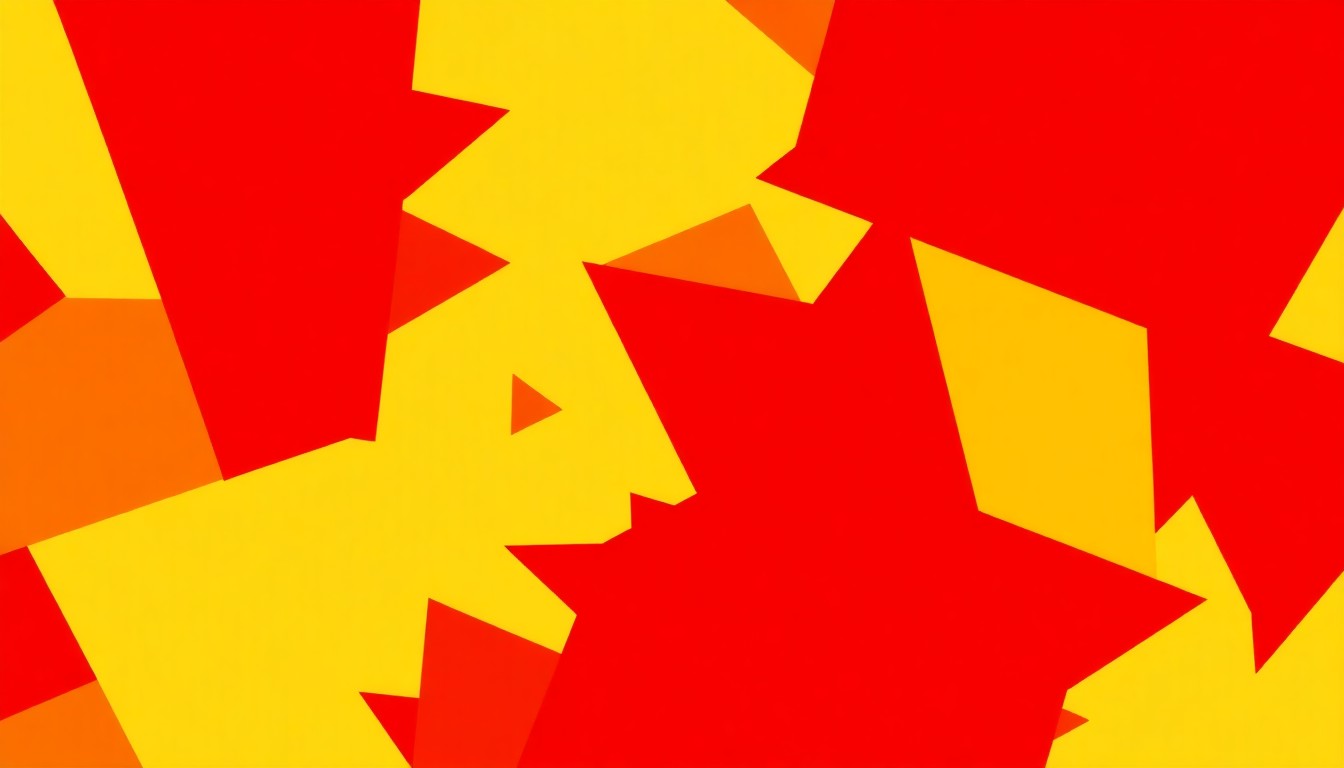 An abstract, minimalist illustration featuring overlapping, jagged shapes in vibrant shades of red, orange, and yellow, creating a high-energy, festival-inspired visual metaphor.