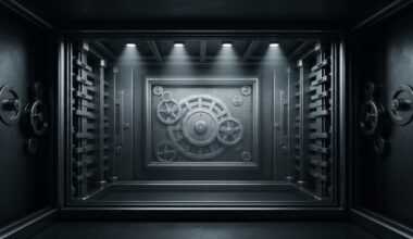 An extreme close-up of the intricate, metallic gears and mechanisms of a large banking vault, conveying the complex, high-stakes nature of the financial services sector.