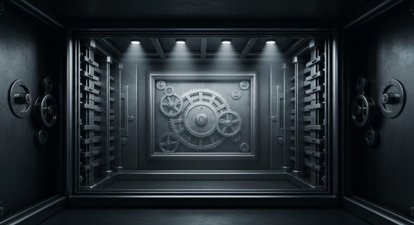 An extreme close-up of the intricate, metallic gears and mechanisms of a large banking vault, conveying the complex, high-stakes nature of the financial services sector.
