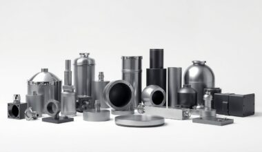 A photorealistic studio still-life featuring a collection of polished, geometric industrial objects in shades of gray, silver, and black floating on a clean white background, symbolizing the modern, efficient industrial real estate assets owned and operated by Terreno Realty.