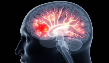 A ghostly, translucent X-ray photograph revealing the internal structure of a human brain, with some areas appearing more inflamed and damaged than others, conceptually representing the effects of a stroke and the need for rapid medical intervention.