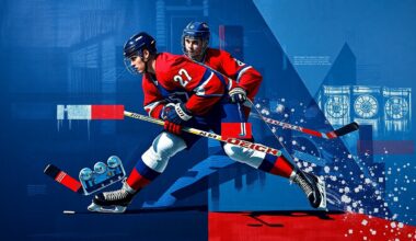 A cubist, geometric painting depicting a hockey player in mid-stride, with the figure broken down into sharp, overlapping planes of navy, red, and silver, conveying the dynamic energy and movement of the sport.