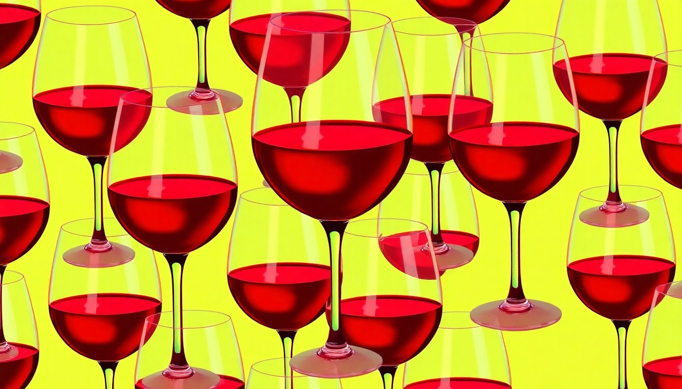 A high-contrast silkscreen print of a wine glass filled with deep red wine, repeated in a grid pattern with bold, neon-inspired colors and heavy black outlines, conceptually representing the diverse and artful wine bar scene in Southwest Florida.