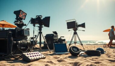 An abstract close-up photograph of shiny, reflective film equipment and production gear scattered across a sandy beach, capturing the disruptive presence of a movie shoot in a vacation setting.
