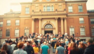 An impressionistic, out-of-focus photograph in soft, warm tones depicting a crowd of people gathered on the steps of a historic school building, the details blurred into abstract shapes and colors that capture the celebratory mood of the event.