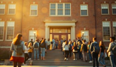 An impressionistic, out-of-focus photograph showing the front entrance of an old brick high school building, with blurred figures of people gathered on the steps in the warm glow of the sun, conveying a sense of nostalgia and community celebration.