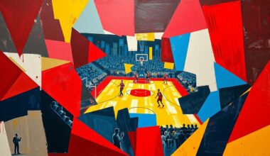 A cubist, geometric painting depicting a basketball game, with sharp, overlapping planes of red, blue, and yellow representing the dynamic action on the court.